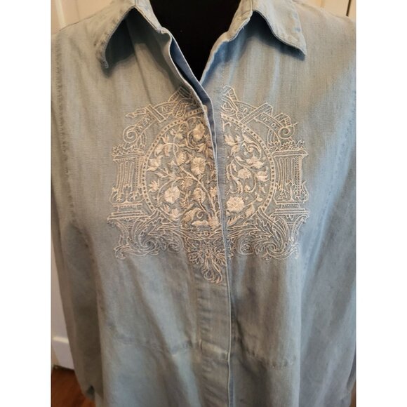 Vintage 80's Chambray Embroidered Blouse sz L T Cottagecore Western Equestrian - Picture 4 of 7